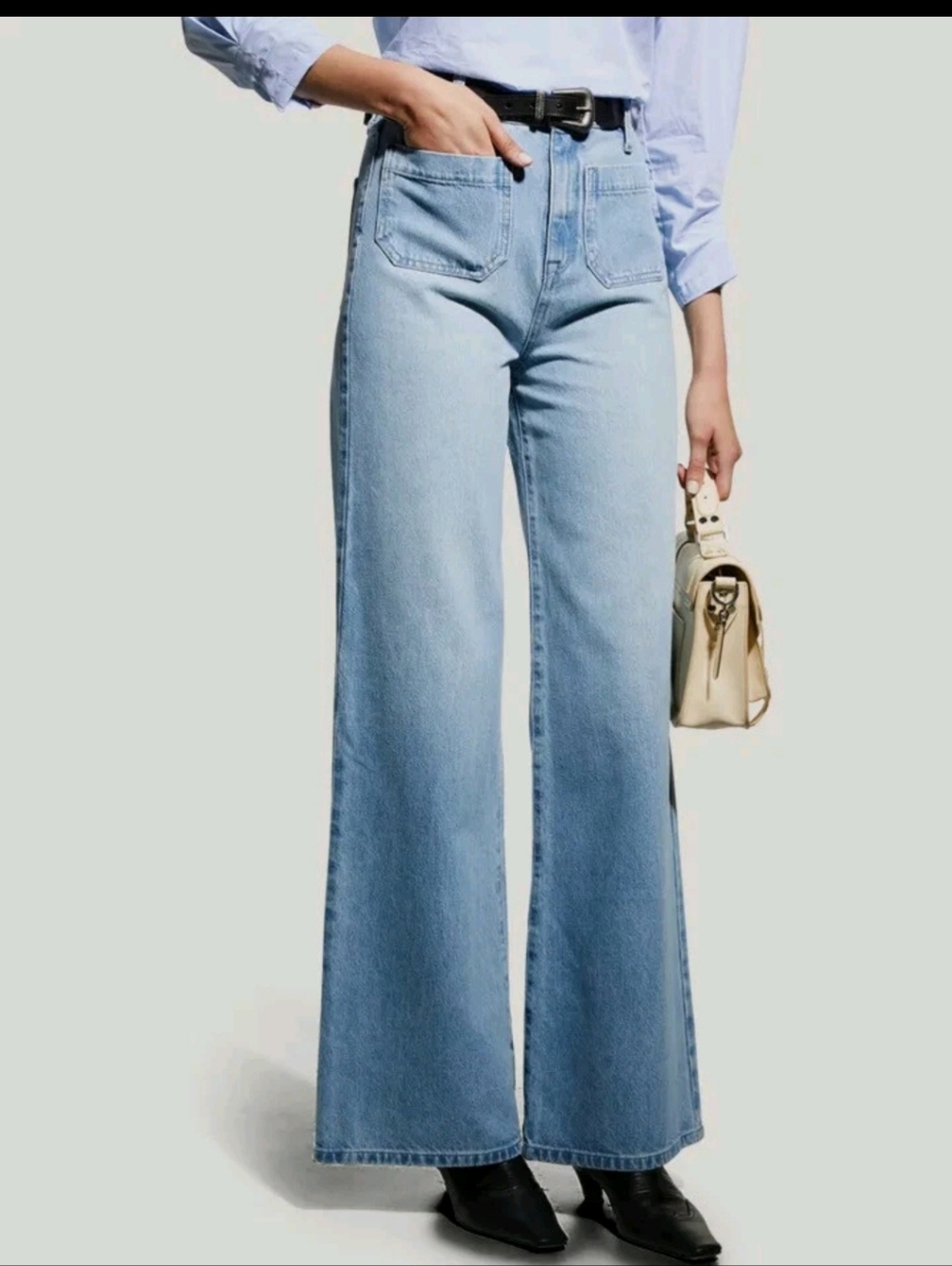 Triarchy Women's 27 Blue Ms Onassis Wide-Leg Patch Pocket Jean